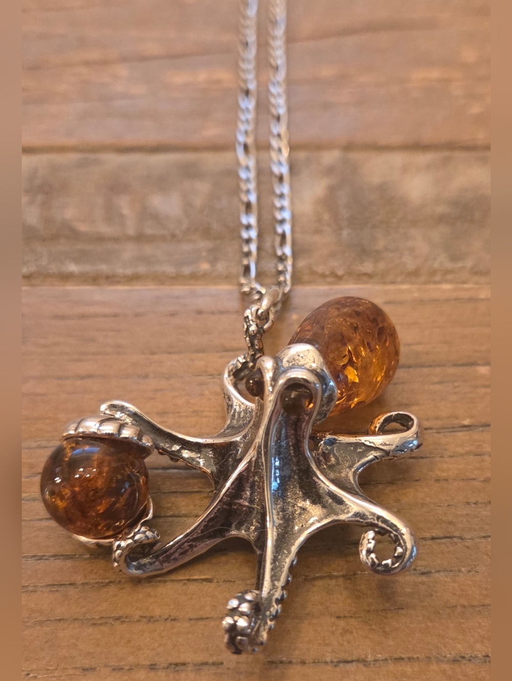 925 Sterling Silver Octopus Pendant Necklace with Amber